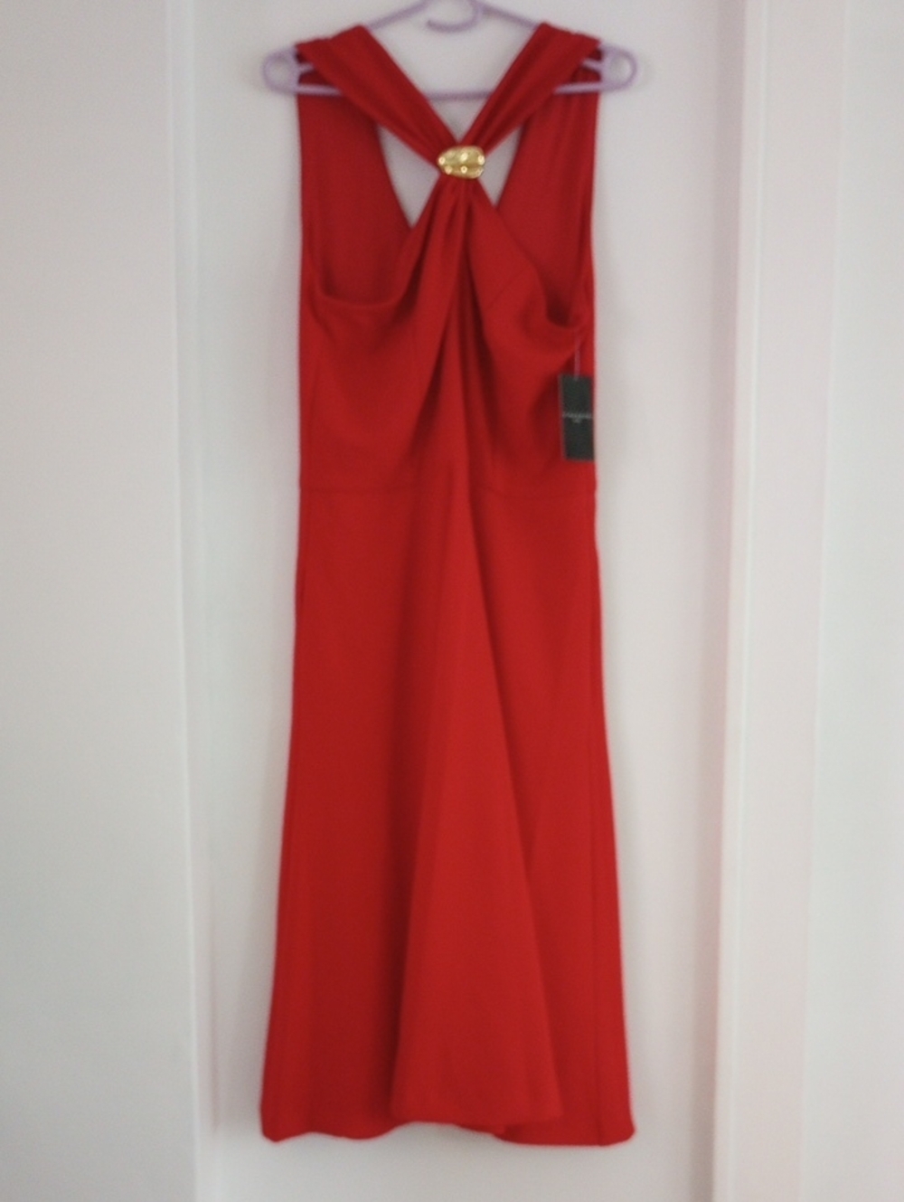 Tahari ASL Sleeveless Red Formal Party Dress Crossed Front Golden Accent Size 12